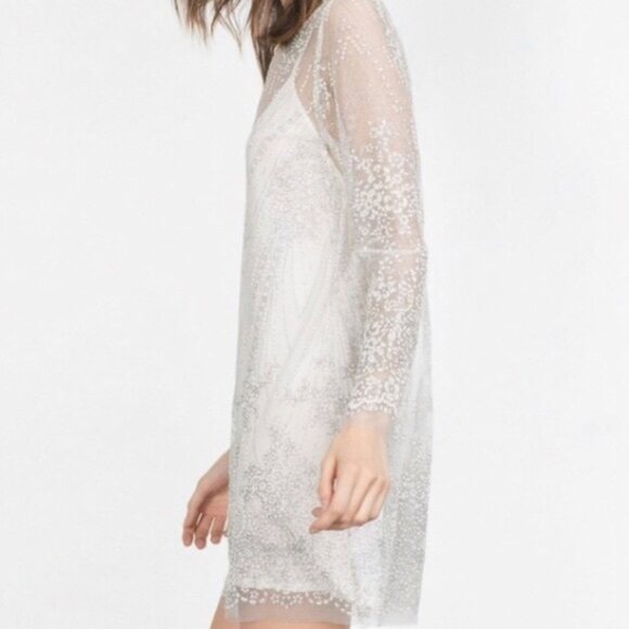 Zara Special Collection Silver Tulle Long Sleeve Dress NWOT - Picture 3 of 13
